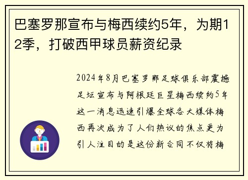 巴塞罗那宣布与梅西续约5年，为期12季，打破西甲球员薪资纪录