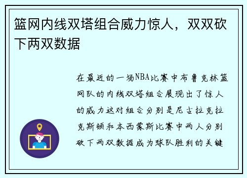 篮网内线双塔组合威力惊人，双双砍下两双数据
