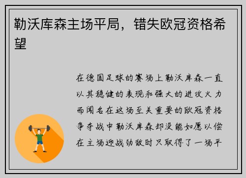 勒沃库森主场平局，错失欧冠资格希望